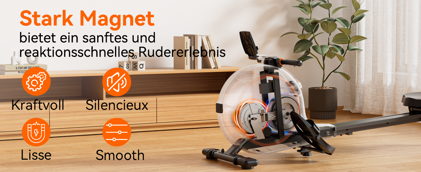 Гребний тренажер для дому з магнітним опором, 32 рівні, 136 кг, сумісність з додатком, LCD-дисплей, білий-помаранчевий