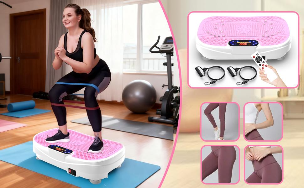Вібраційна платформа для дому - ротаційна платформа з 120 рівнями та 5 режимами, з еластичними стрічками та пультом дистанційного керування, для спалювання жиру, нарощування м'язів та формування фігури, ідеальна для дому, домашнього спортзалу (Рожева)