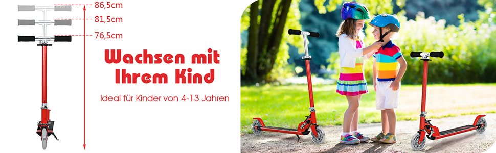 Дитячий ролер Costway з LED-колесами, для дітей від 4 років, до 70 кг, регульована висота, ролер-кіксктер для хлопчиків та дівчаток (червоний)