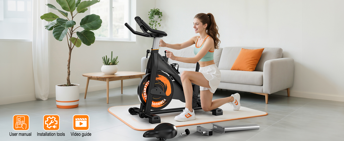 Велотренажер з Bluetooth: велотренажер з магнітним опором, фітнес-велосипед для дому з LCD-дисплеєм, вантажопідйомність 160 кг (Помаранчевий)
