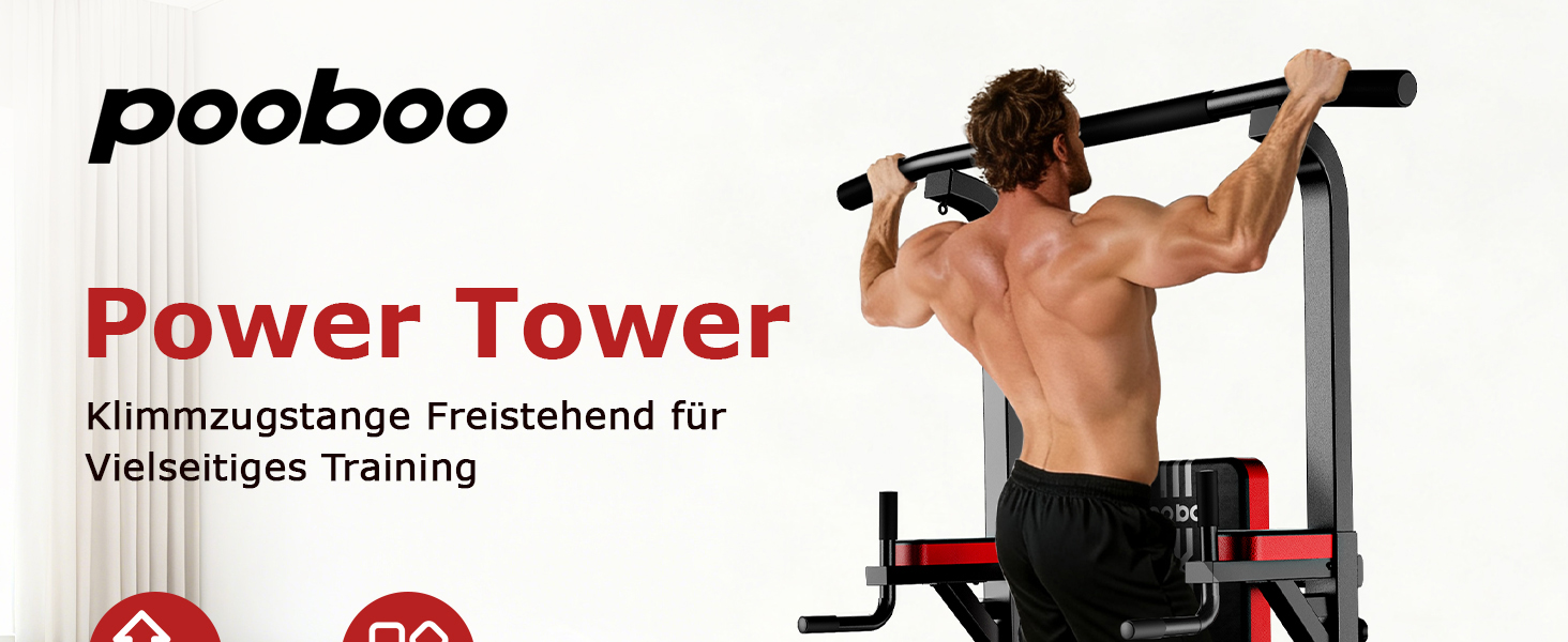 Силовий комплекс Pooboo Power Tower: багатофункціональний турнік з брусами для дому, 11 рівнів регулювання висоти, еластичні стрічки, чорний