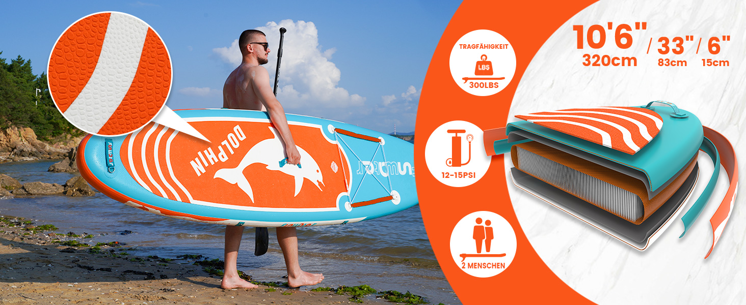 Надувний SUP Борд FunWater 320CM з повним аксесуаром: весло, насос, рюкзак, лінія, водонепроникний мішок. Колір: Дельфін-блакитний