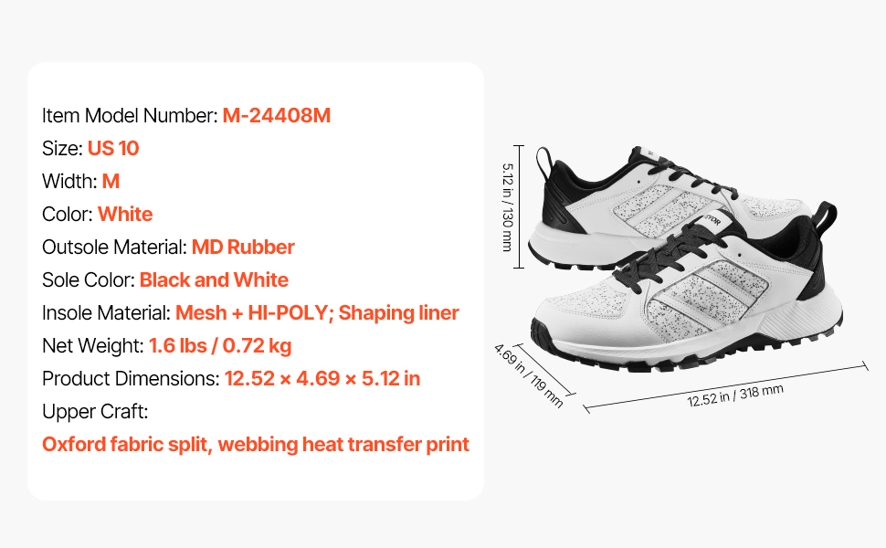 Чоловічі кросівки для тренувань VEVOR 42 EU, широкі, білі