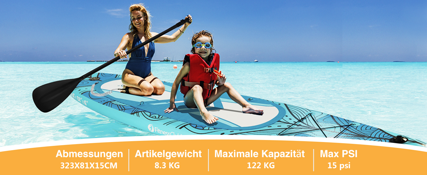 Надувна SUP-дошка Fitnessclub 305/320 см з веслом, універсальним кріпленням для камери, повним комплектом аксесуарів, зелена/синя – для всіх рівнів