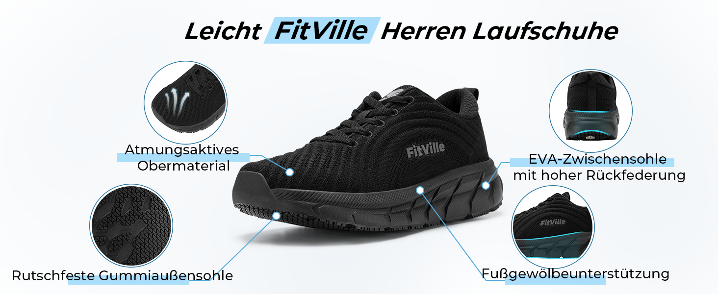 Кросівки для бігу FitVille чоловічі широкі, спортивні, легкі, кросівки для ходьби, чорні, 44 EU