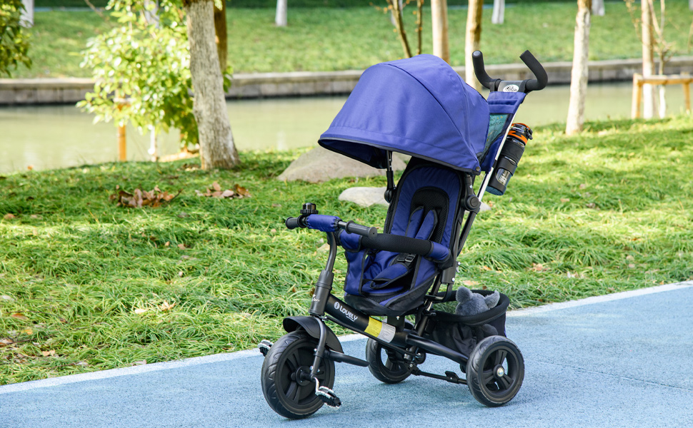 Триколісний велосипед HOMCOM 6-в-1 з батьківською ручкою для дітей 1-5 років (25 кг), з реверсом, кошиком, тримачем для пляшки та сонцезахисним дахом (Темно-синій)