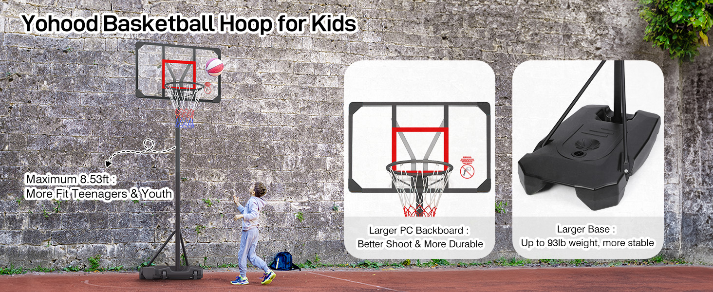 Баскетбольний кошик вуличний дитячий/підлітковий на колесах, регульована висота 147-260 см, з полікарбонатною щитом 82x53 см та розширеною основою, чорно-червоний