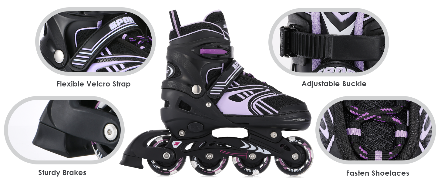 Інлайнерожі TOSHOO, ролики для дітей та дорослих, LED-колеса, регульовані розміри, ролики для катання, ролики для дівчаток та хлопчиків (S, фіолетовий)