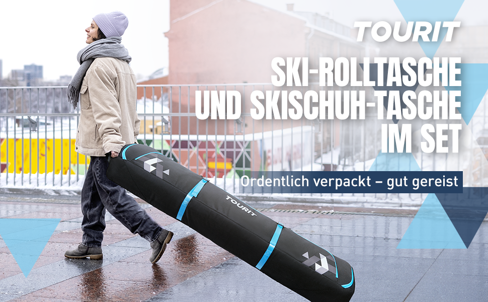 TOURIT Набір для перевезення лиж та черевиків: валіза для лиж на 2 пари (195 см), водонепроникний матеріал 900D Oxford, з колесами, сірий