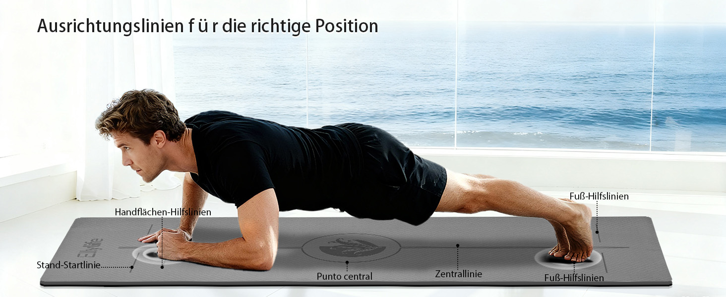 Протиковзкий килимок для йоги та пілатеса з еко-каучуку та TPE, 6мм, сірий — з лініями розмітки та ременем для перенесення