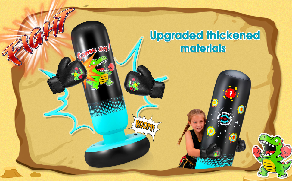 Дитячий боксерський мішок з боксерськими рукавичками та насосом, 165 см, стабільний динозавр та мішень, 2 в 1, надувний боксерський мішок для дітей, комплект для тренувань, подарунок для хлопчиків та дівчаток 3-12 років