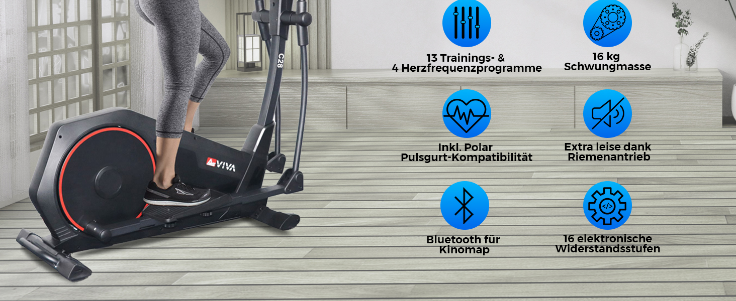 Еліптичний тренажер AsVIVA C28 Pro - 16 кг маховик, тихий ремінний привід, електричне регулювання опору, фітнес-комп'ютер, транспортні ролики