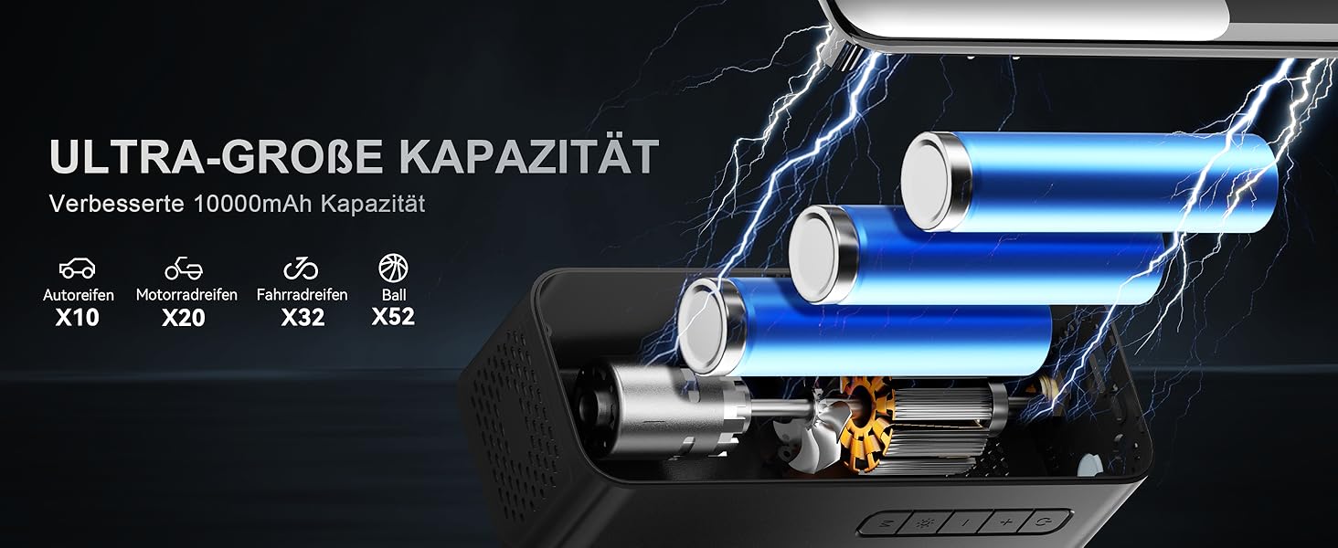 Портативний повітряний компресор-помпа з цифровим манометром, 150 PSI, акумулятор 10000 мА·год, для шин авто, велосипеда, мотоцикла, м'ячів, 12В