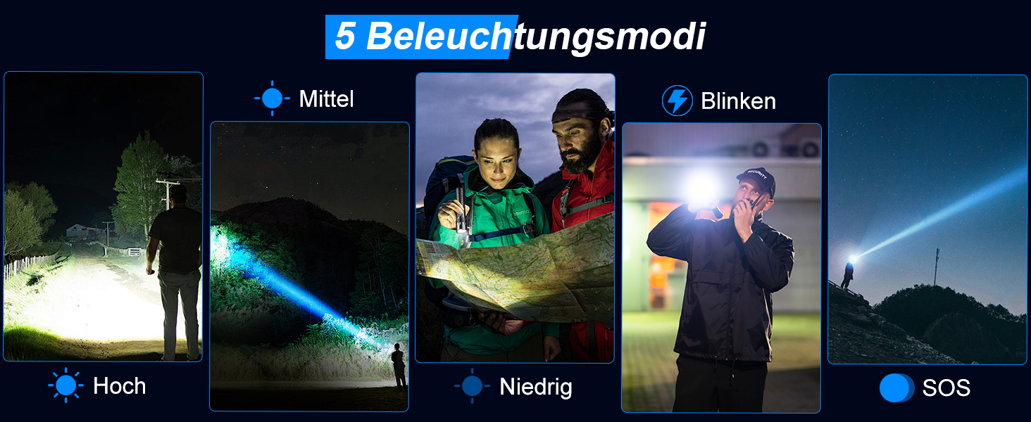 Тактичний ліхтарик LED 50000 люмен, USB-C, 24 години роботи, Zoom, 5 режимів, IP67, водонепроникний, для кемпінгу та туризму, чорний