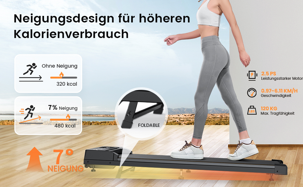 Біговий тренажер для дому з нахилом, Walking Pad з регулюванням 7°, потужність 2.5 PS, пульт керування та LED-дисплей, швидкість 1-6 км/год, стіл для офісу/дому, вантажопідйомність 120 кг, колір: темно-сірий