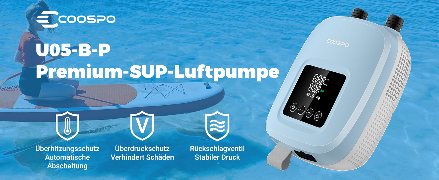 CooSpo Електричний насос для SUP дошки та каяка 20 PSI з акумулятором, блакитний