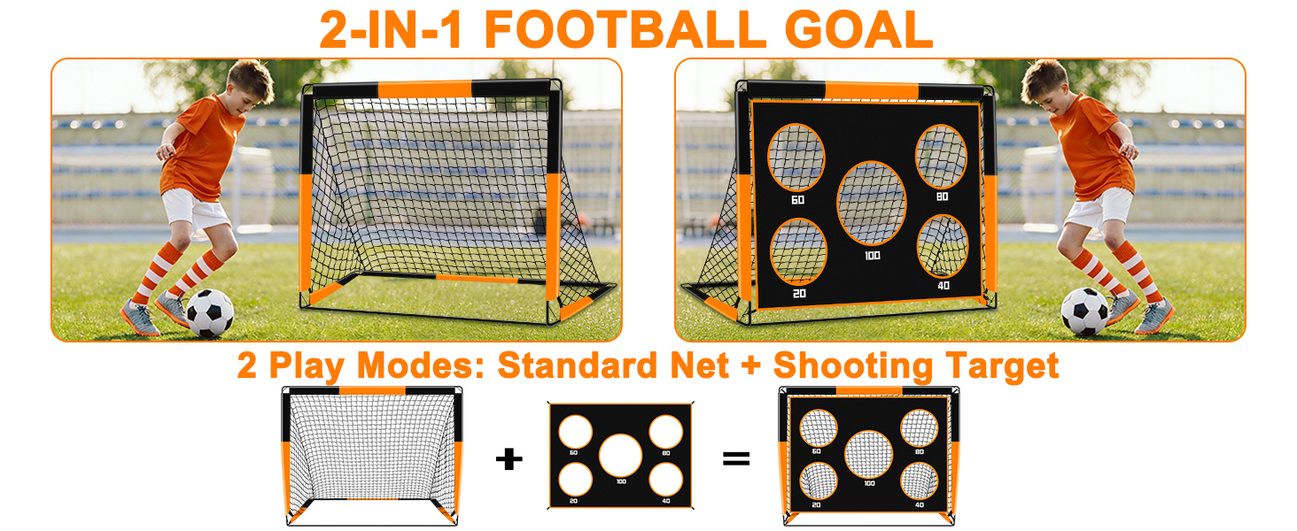 Дитячі воріта для футболу 2-в-1, 150х120 см, портативні та стабільні, з 5 зонами для забивання, 4 кілочки для кріплення та сумка для перенесення, для саду, парку, пляжу, оранжеві