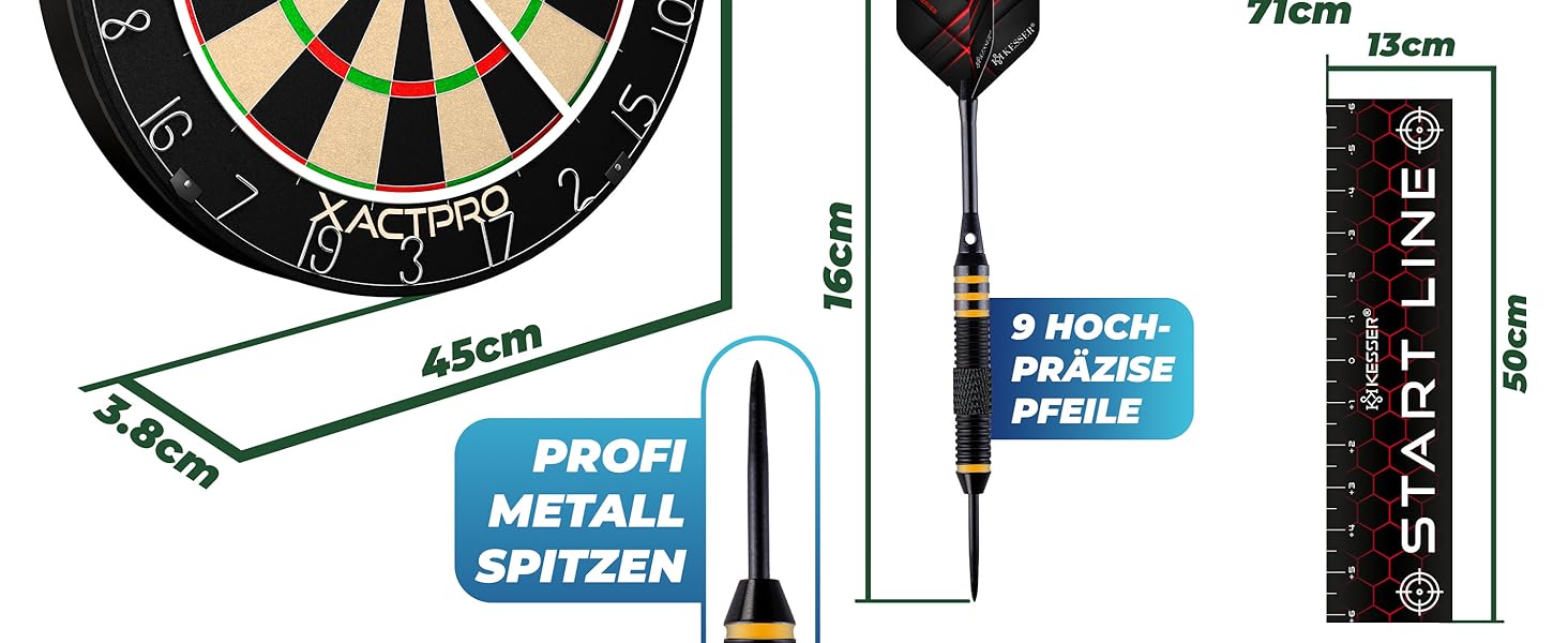 Дарцборд KESSER® Profi Sisal 75 см з дротиками (9 шт.), польотами (24 шт.) та аксесуарами, самовідновлювальний, для стрілок, з кріпленням