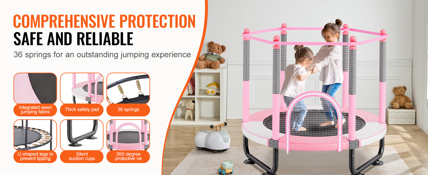 Батут дитячий VEVOR Outdoor 1545 мм з сіткою та баскетбольним кільцем, рожевий. Для дітей від 3 років.