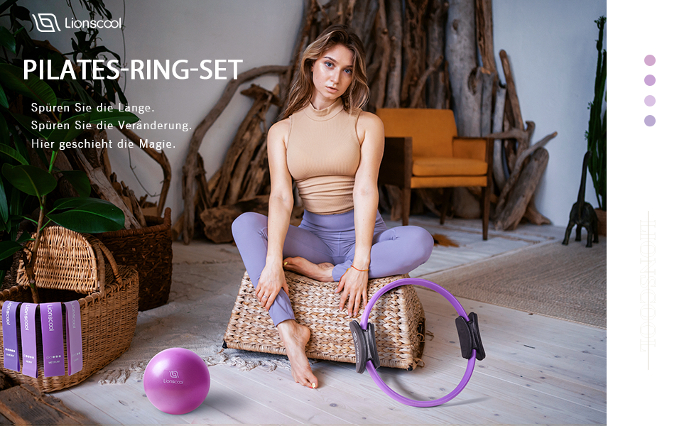 Набір для пілатесу LIONSCOOL Magic Circle з міні-м'ячем, стрічками та інструкцією – фіолетовий