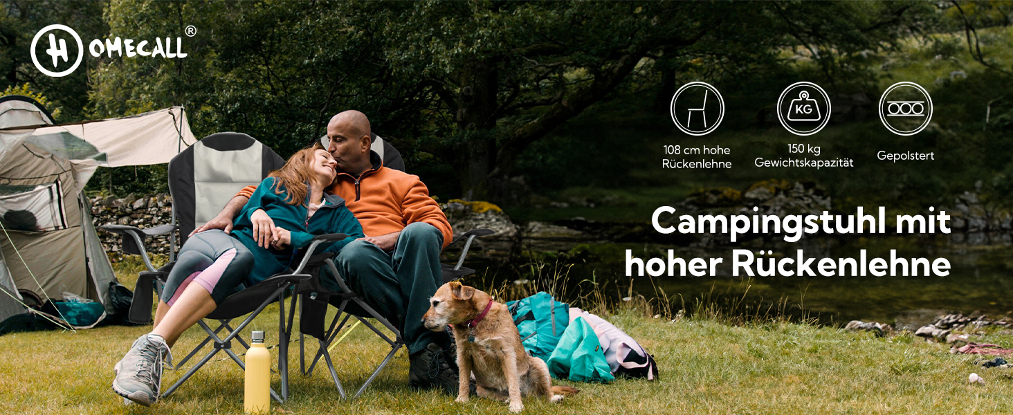Крісло для кемпінгу Homecall складне, 150 кг, висока спинка, з підтримкою попереку, м'яке, для відпочинку, риболовлі, саду, пікніка, чорне (1 шт.)