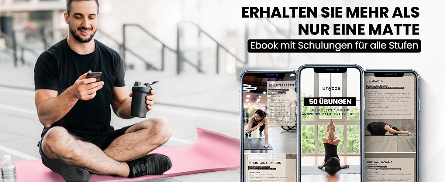 Килимок для йоги Unycos з нековзким покриттям | Щільність 6/10/15 мм, килимок для гімнастики з ремінком, електронна книга | Дружній до шкіри фітнес-килимок для пілатесу, тренувань, спортзал #14 Світло-рожевий 183*60*1.5 см