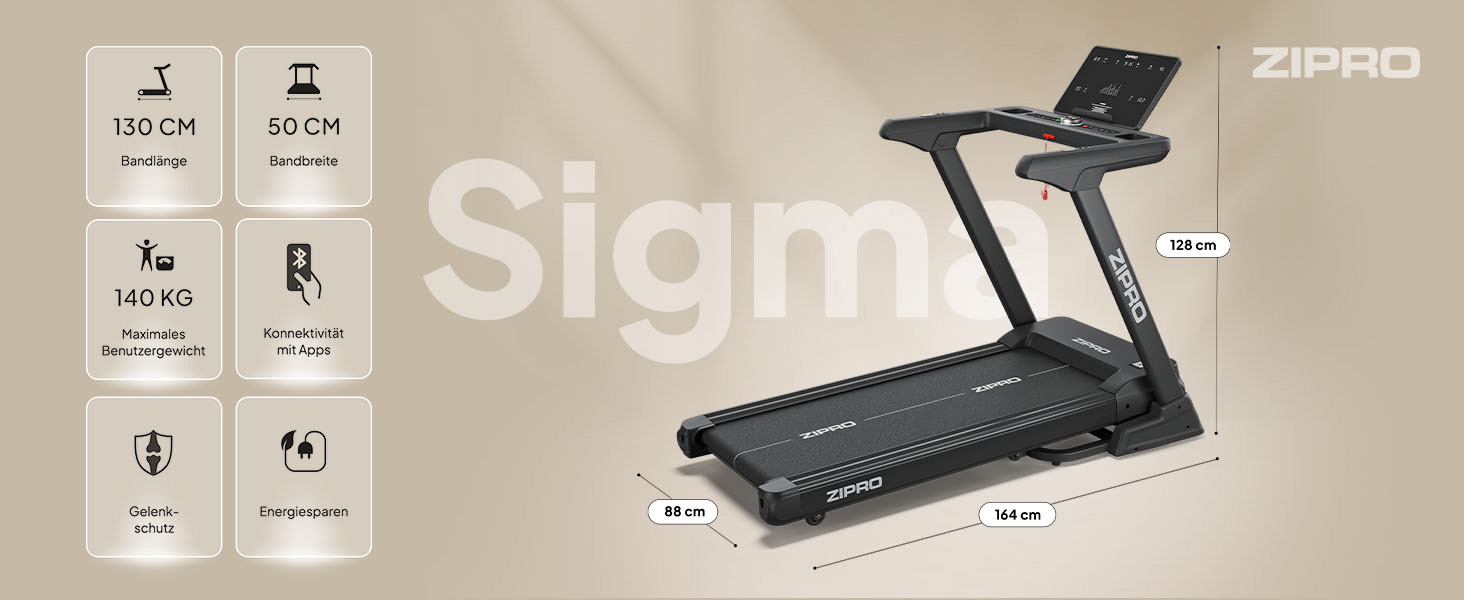 Біговий тренажер ZIPRO Sigma для дому з потужним мотором 3.5 HP, швидкість до 20 км/год, 20 рівнів нахилу, система амортизації VibGuard Pro, максимальне навантаження 140 кг, складаний
