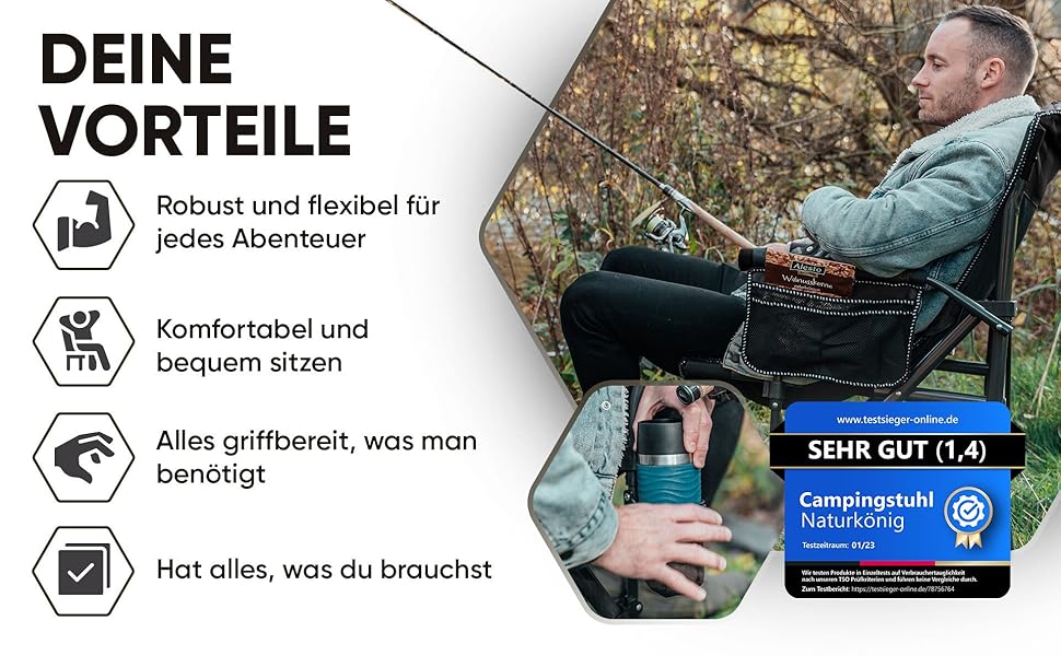 Зручний складаний стілець для кемпінгу та риболовлі, 160 кг, з подушкою та кишенею для напоїв (Чорний)