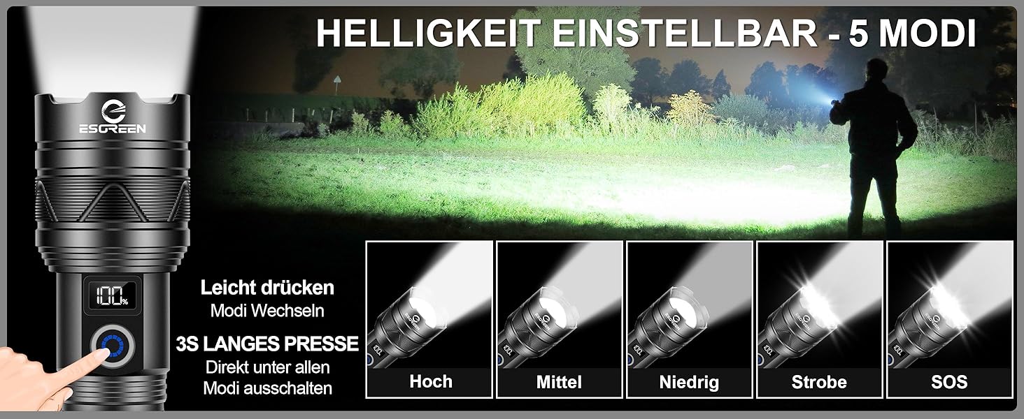 ESGREEN Тактичний ліхтарик LED 1000000 люменів, USB-C, Zoom, 5 режимів, для кемпінгу та безпеки, 32 Вт·год