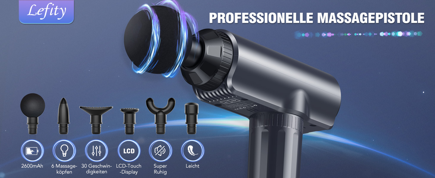 Перкусійний масажер Lefity Massage Gun для м'язів: 30 рівнів швидкості, 6 насадок, LCD-дисплей, зарядка USB-C, синій