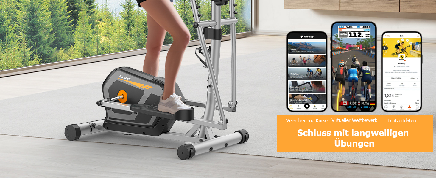 Еліптичний тренажер Neezee для дому з Bluetooth, 16 рівнів опору, 6 кг маховика, LCD-монітором, датчиком пульсу, тримачем для пляшок (Помаранчевий + Срібний)