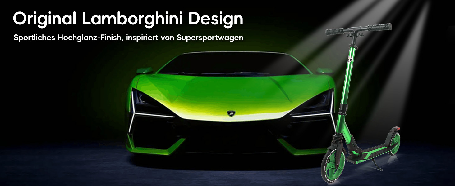 Скутер Lamborghini Tretroller Cityroller Big Wheel: складний, регульована висота, для дорослих та дітей, з підставкою, передньою підвіскою та гальмом на задньому колесі, до 100 кг (зелений)