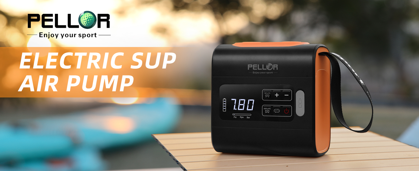 Електричний насос для SUP дошки PELLOR, 22 PSI, портативний, з акумулятором, для надування та здування, автоматичне вимкнення, для SUP дошок, каяків, наметів, човнів