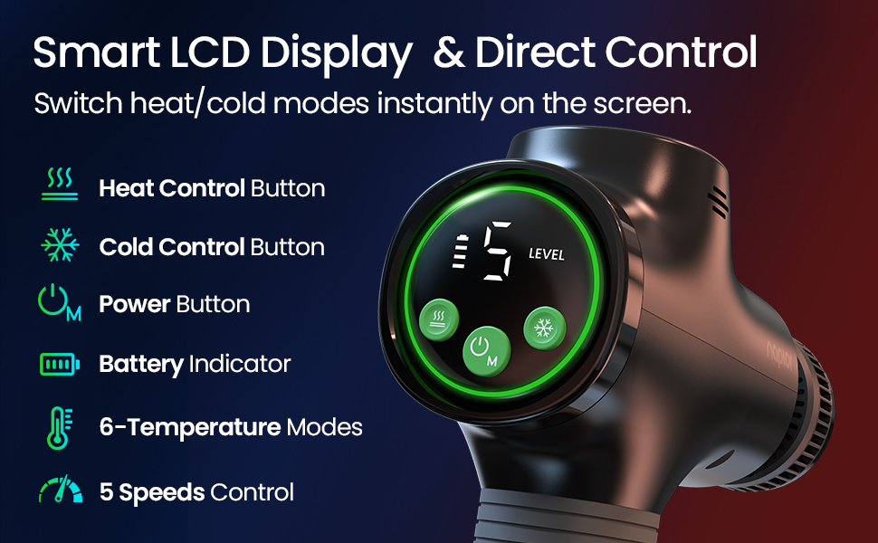 Масажер для тіла з охолодженням та підігрівом, тихий масаж глибоких м'язів проти болю в шиї та спині, LCD дисплей, ергономічний ручний масажер для дому та фітнесу, з сумкою