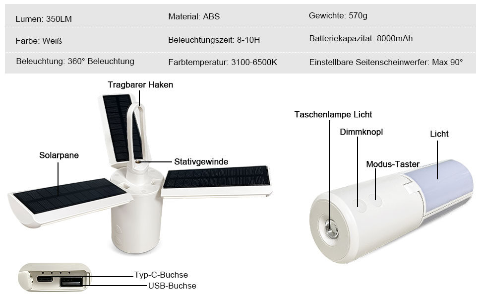 LED кемпінговий ліхтар Wholede 8000mAh з USB/сонячною зарядкою, димування, для наметів, риболовлі, походу, надзвичайних ситуацій