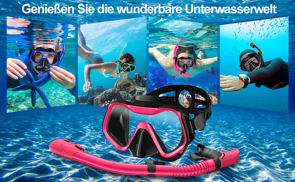 Набір для підводного плавання з окулярами для дайвінгу та сухою трубкою преміум-класу для чоловіків та жінок, маска для дайвінгу із загартованого скла проти запотівання та протікання для дайвінгу, плавання та снорклінгу (рожева)