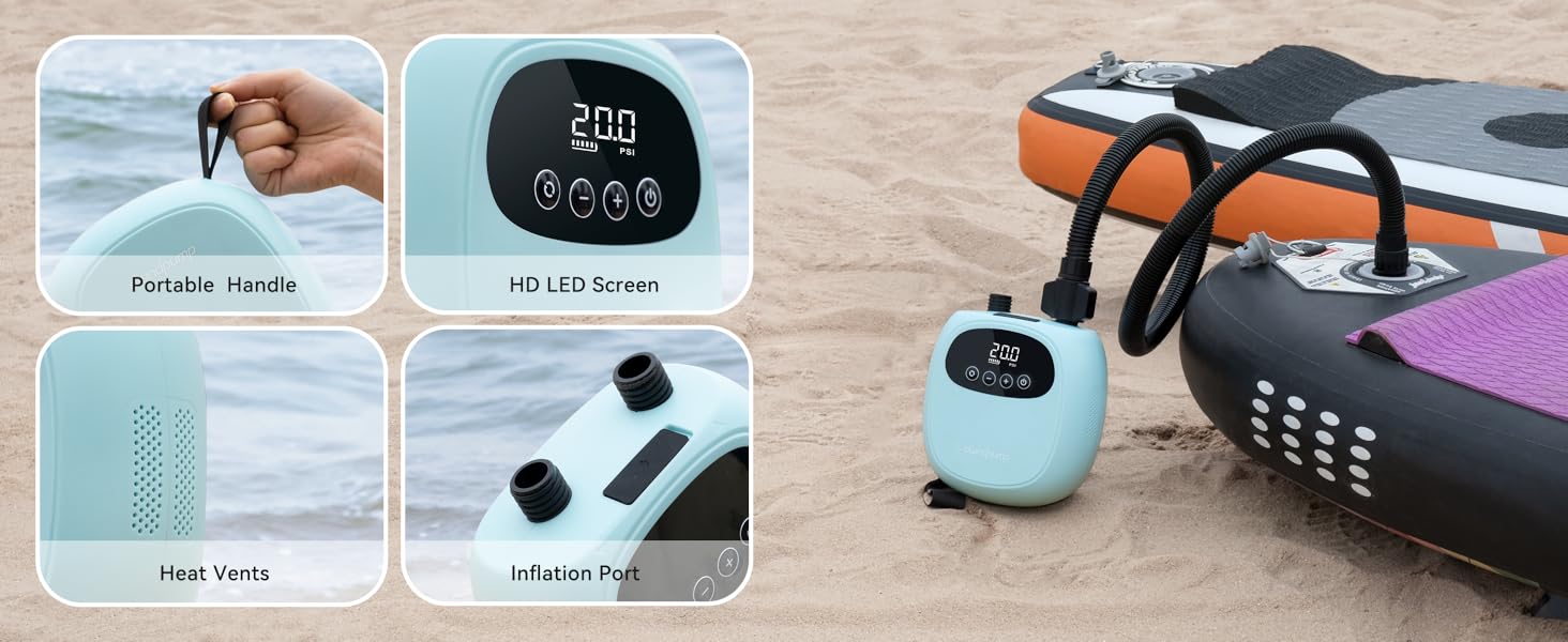 Електричний насос для SUP до 20PSI з акумулятором, для каяків та SUP дощок, з 7 насадками, зелений