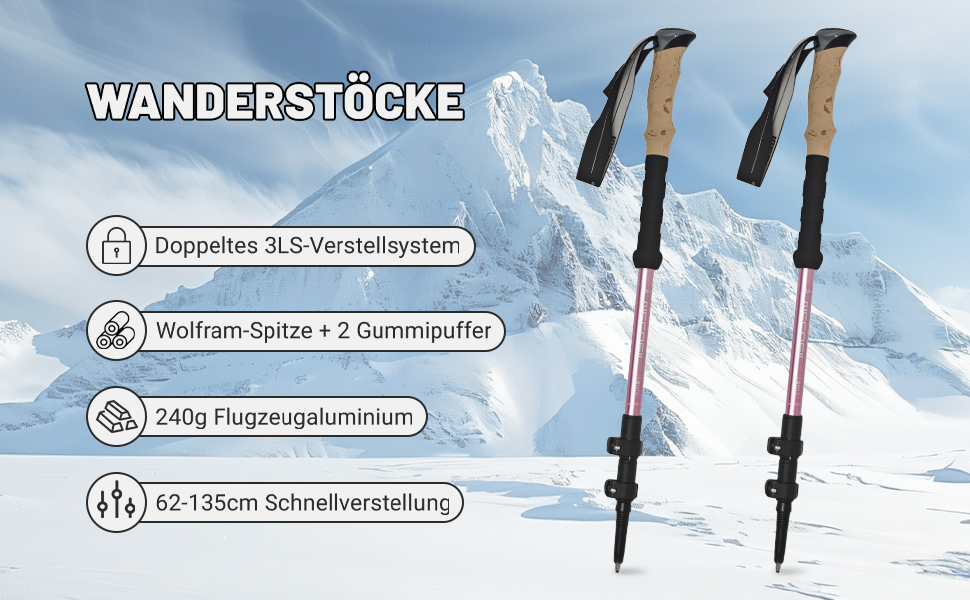 Жінські та чоловічі палиці для скандинавської ходьби 2 шт. Телескопічні, складні палиці для трекінгу з алюмінію з гумовими амортизаторами (Рожеві)