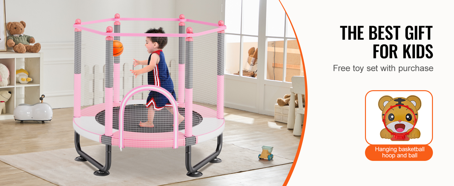 Батут дитячий VEVOR Outdoor 1545 мм з сіткою та баскетбольним кільцем, рожевий. Для дітей від 3 років.