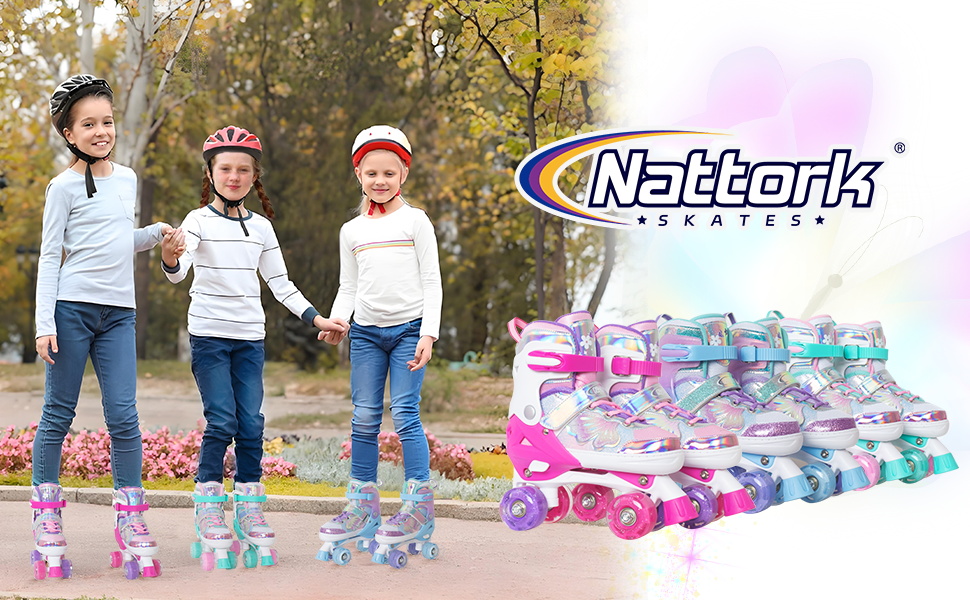 Дитячі ролики Nattork для дівчаток та хлопчиків, регульовані, 4 розміри, ролики на 4 колесах з малюнком метеликів та квітів, подарунок на день народження для занять спортом в приміщенні та на вулиці, розмір M (EU 32-36), Petrol