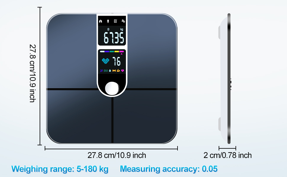Вага для вимірювання жиру в тілі з великим дисплеєм, точна вага з аналізом жиру та м'язової маси, персональна вага з аналізом складу тіла (22 показники), частота серцевих скорочень, ІМТ, смарт-вага з підключенням до додатку