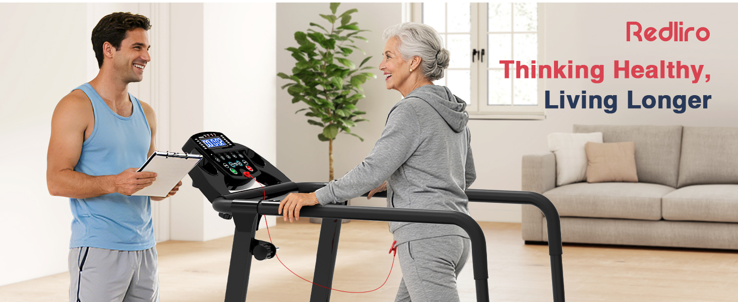Біговий доріжка Redliro з довгими поручнями для людей похилого віку, до 136 кг, складана, з колесами, тримач для напоїв та телефону, для відновлення вдома або в квартирі