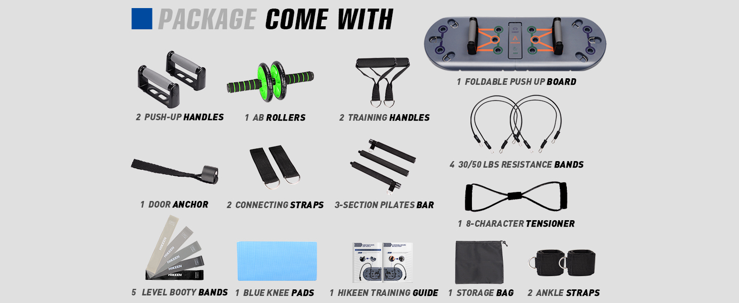 Фітнес-набір 27 в 1 BOOSTEADY: дошка для віджимань, ручки-опори, еспандери, ролик для преса та стійка для пілатесу