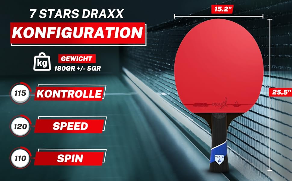 Набір ракетки для настільного тенісу DRAXX SPORTS 7 зірок | Професійна карбонова ракетка для контролю, обертання та потужності | Ультралегка, 175г | Губка 2мм & Високопродуктивний накладка