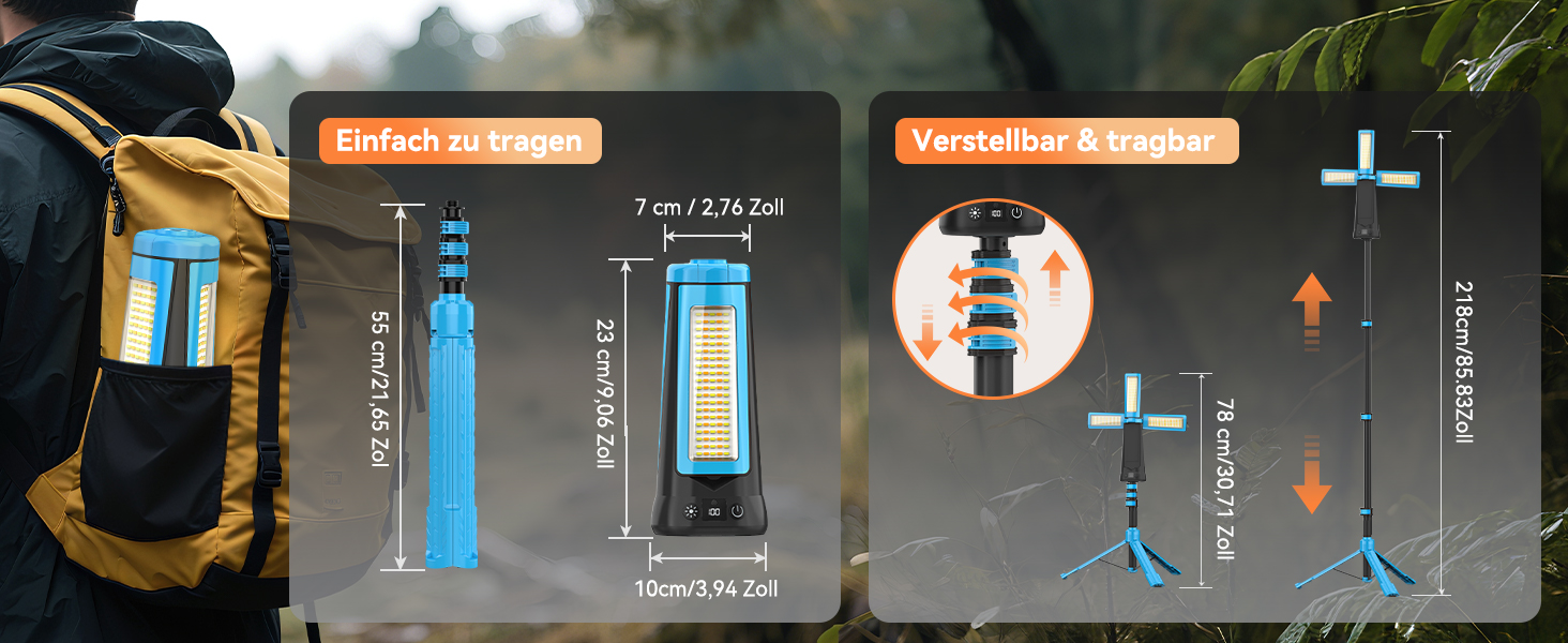 Портативна LED кемпінгова лампа 15000mAh з регулюванням яскравості, штативом, IP65, для кемпінгу, подорожей, будівництва та надзвичайних ситуацій, блакитна