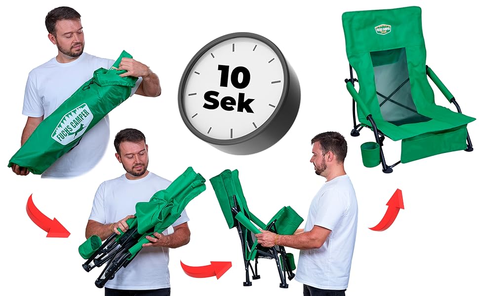 Складний туристичний стілець Fuchs Camper Strandstuhl – зручний для кемпінгу та відпочинку на пляжі, з високою спинкою та сітчастою тканиною, з тримачем для напоїв та кишенею, міцний (до 150 кг), чорний/зелений (1 шт.)