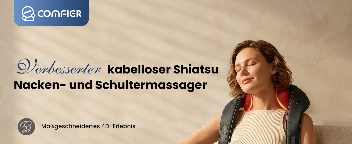 Бездротовий масажер для шиї та плечей COMFIER Shiatsu з підігрівом: 4D глибокий масаж, 3 режими, PU-шкіра, чорний