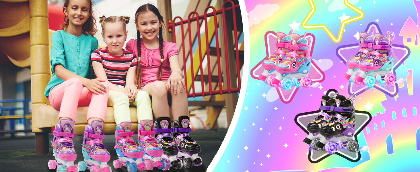 Дитячі ролики Єдиноріг для дівчаток та хлопчиків, регульовані розміри, світлові колеса, ролики-човники для початківців, фіолетовий колір