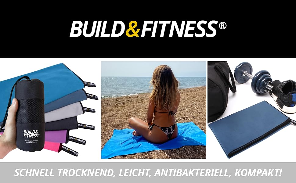 Рушник мікрофібра Build & Fitness: Швидковисихаючий, компактний, надзвичайно поглинаючий, легкий. Ідеальний для подорожей, пляжу та спорту (180x90 см, темно-синій)