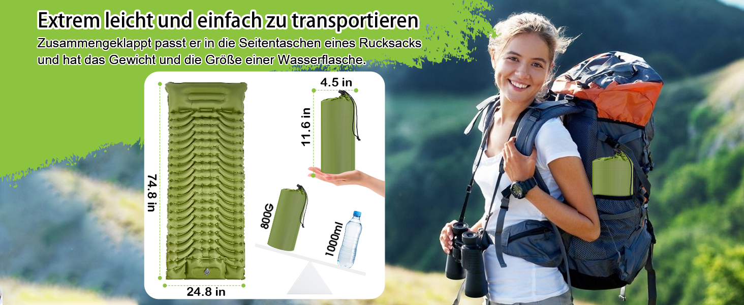 MEIJO Килимок для кемпінгу самонадувний, ізомат, туристичний килимок, Ultraleicht з насосом для ніг, товстий, для відпочинку на природі, у наметі, на пляжі, блакитний & сірий (зелений & сірий)